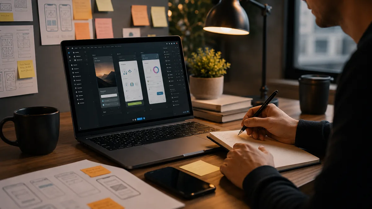 Interface do Figma aberta em um laptop de design com paleta de cores